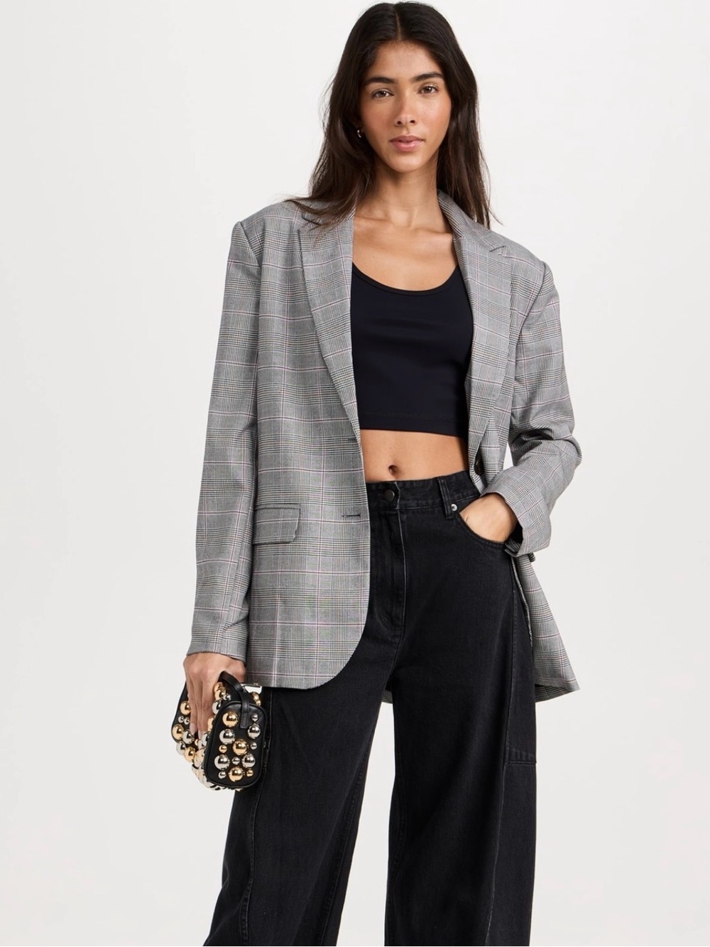 WAYF NWT Gray Plaid Oversized Blazer Pink Windowpane M